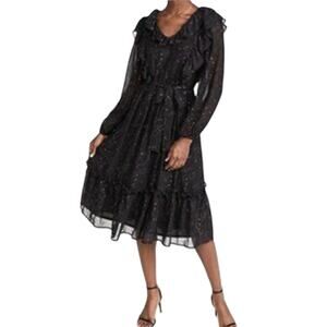 Anthropologie Moon River Chiffon Midi LBD Dress Black With Gold Stars, XS